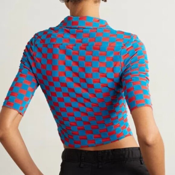 ROTATE Birger Christensen Miranda Red/Blue Mesh/Velvet Plaid CroppedShirt M $270 - Picture 7 of 14
